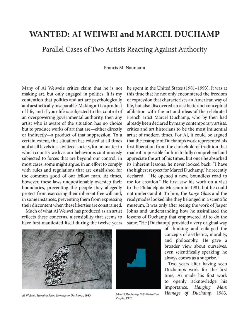 Wanted: Ai Weiwei and Marcel Duchamp: Parallel Cases of Two Artists Reacting Against Authority. Francis M. Naumann. Page 1